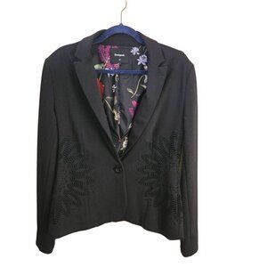 Desigual Black Flocked 1 Button Designer Floral Lined Blazer Size 40